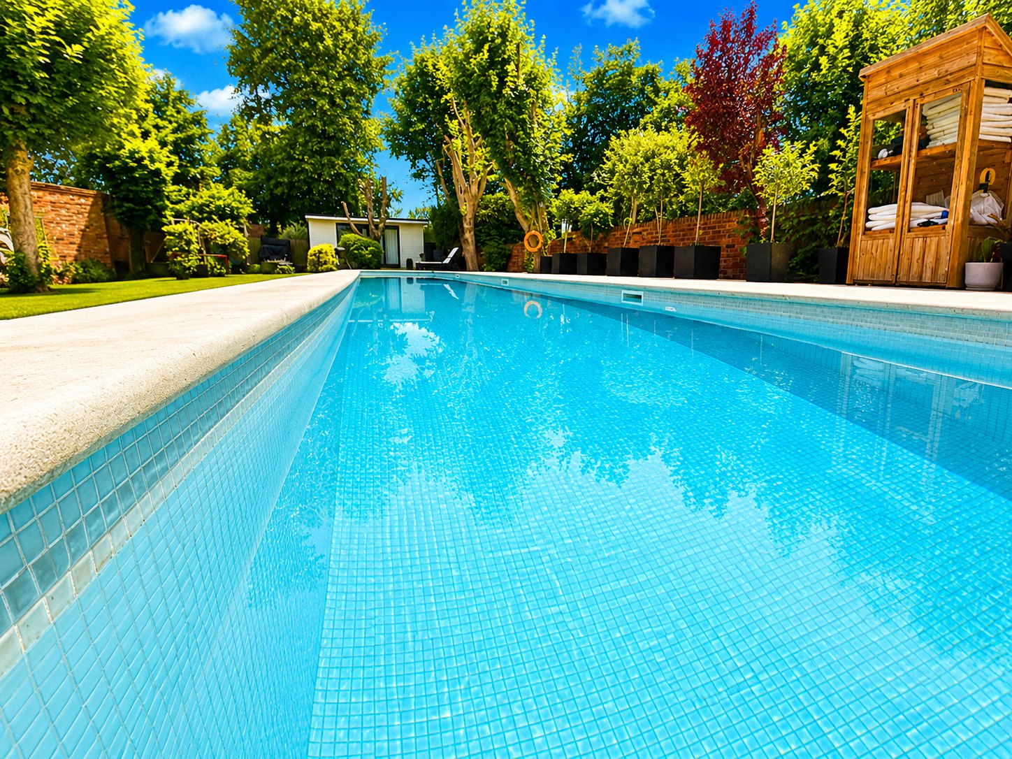 Premium blue glass mosaic tiled swimming pool finish
