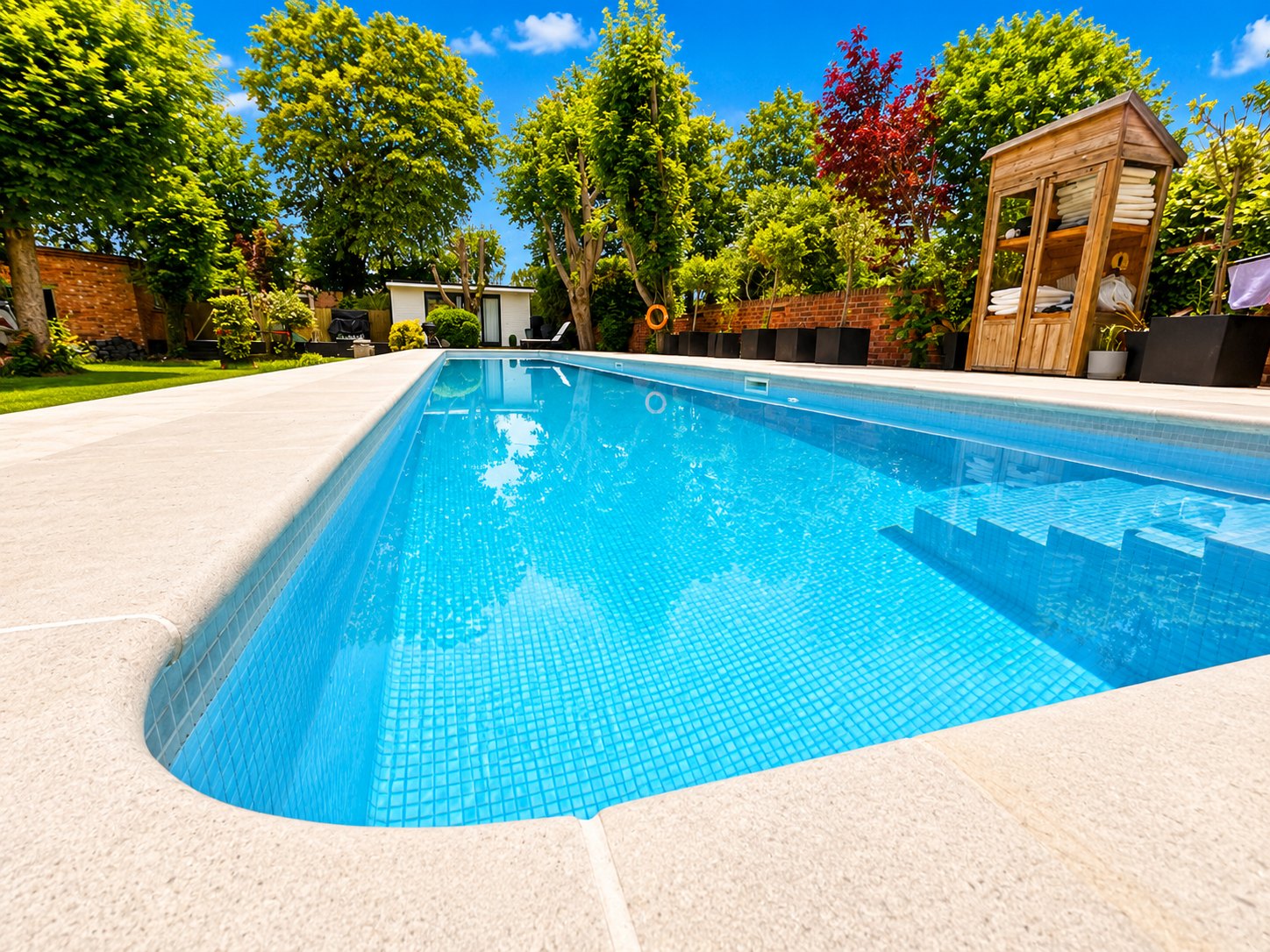 Tiled in-ground swimming pool with steps and garden paving